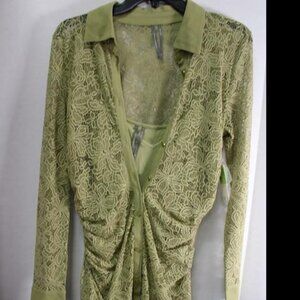 Anthropologie Sage Green Lace Sheer Ruched Maxi Dress | Size Small NWT